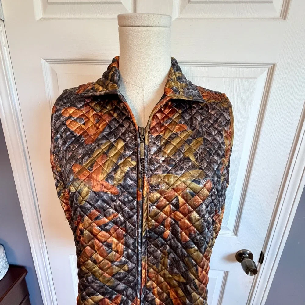 Chicos Quilted Zip Front Vest Womens 1 Medium Fall Abstract Print Copper Gold